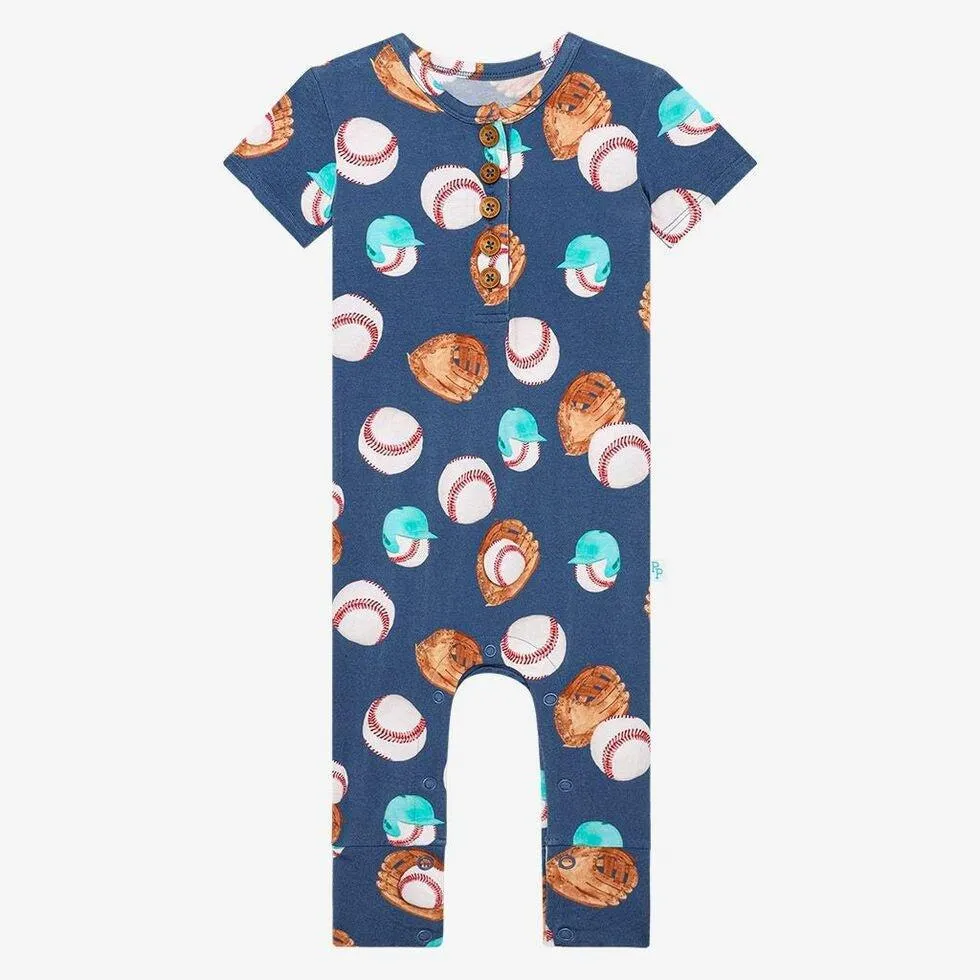 Boy's Short Sleeve Henley Romper - Homer (Baseball)